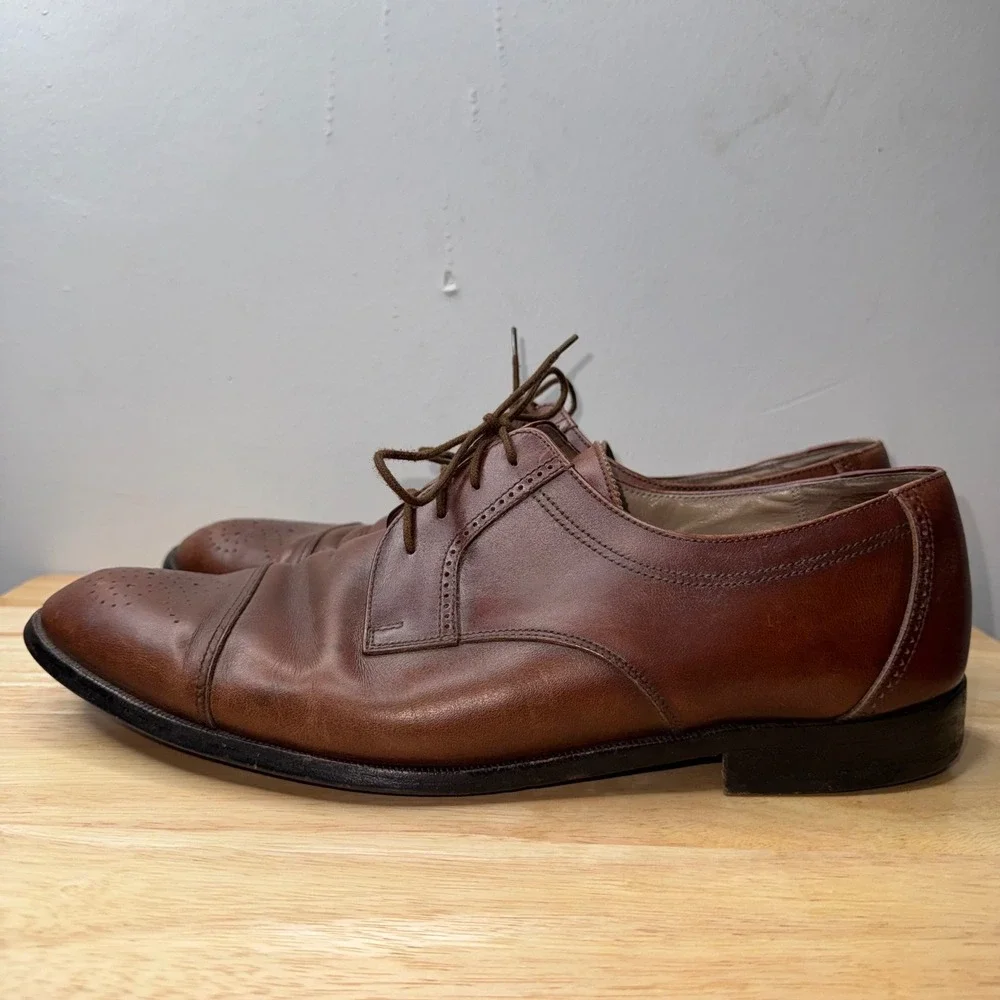 Bally Mens Brown Leather Cap Toe Derby Dress Shoes Brogue Detail Italy Size 13 D